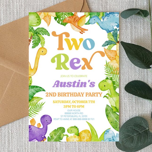 Two Rex Dinosaur 2nd Second Birthday Party Invitation (Creator Uploaded)
