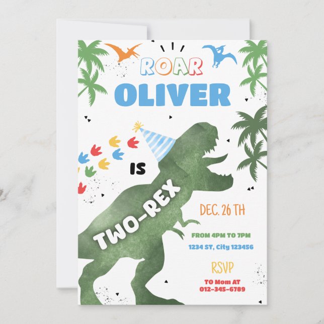 Two-Rex Dinosaur Birthday Party Invitation (Front)