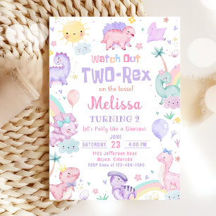 Two Rex Pink Dinosaur 2nd Birthday Party Invitation