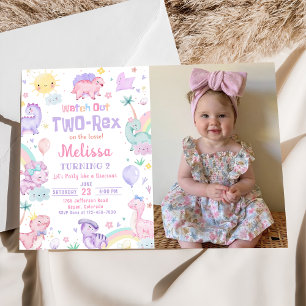Two Rex Pink Dinosaur 2nd Birthday Party Photo Invitation