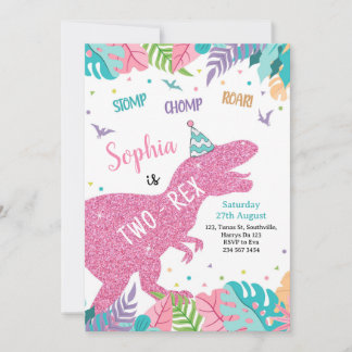 Two-Rex Pink Dinosaur Girl 2nd Birthday Invitation