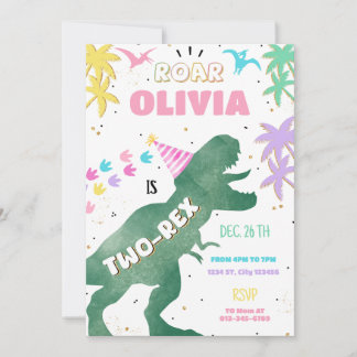 Two-Rex Pink Dinosaur Girl 2nd Birthday Invitation