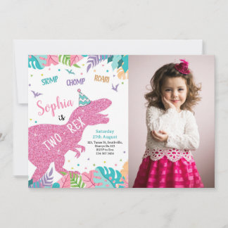 Two-Rex Pink Dinosaur Girl 2nd Birthday Invitation