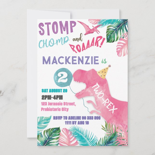 Two-Rex Pink Girl Dinosaur 2nd Second Birthday Invitation (Front)