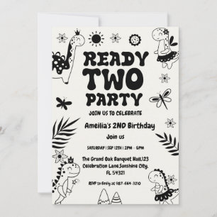 Two Rex Ready dinosaur, girl Second Birthday Party Invitation
