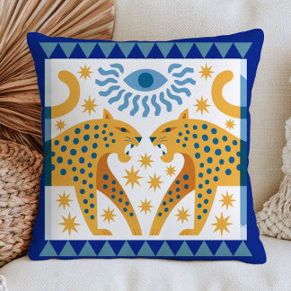 Two Roaring Leopards Mystical Folk Art Maximalist Cushion