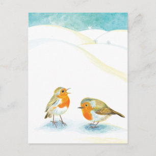 Two Robin Redbreasts in Winter Holiday Postcard