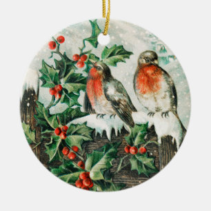 Two robins on a fence in the snow ceramic tree decoration