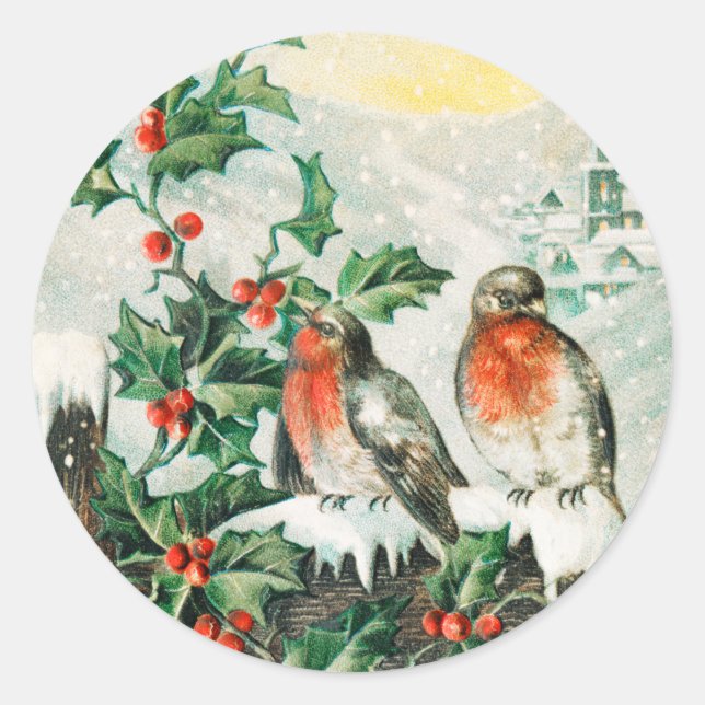 Two robins on a fence in the snow classic round sticker (Front)