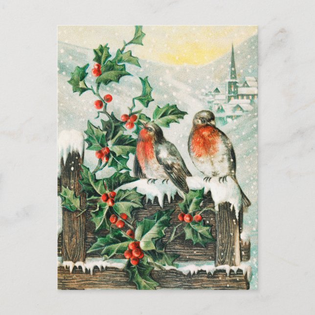 Two robins on a fence in the snow postcard (Front)