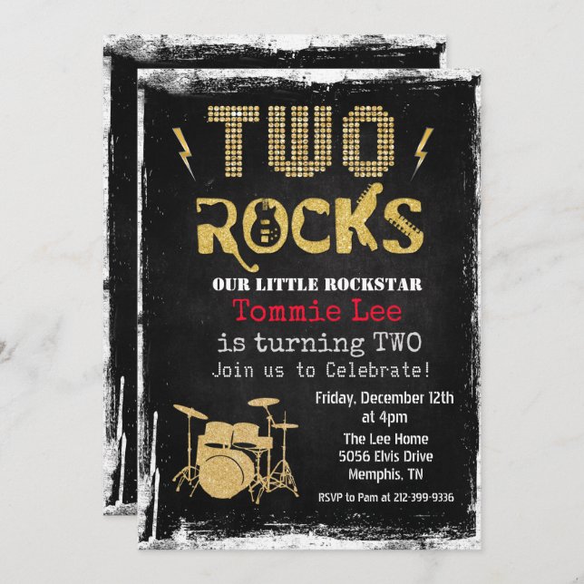 Two Rocks Rockstar Drumset 2nd Birthday Invitation (Front/Back)