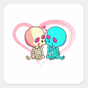 Two romantic skeletons kiss with pink heart square sticker