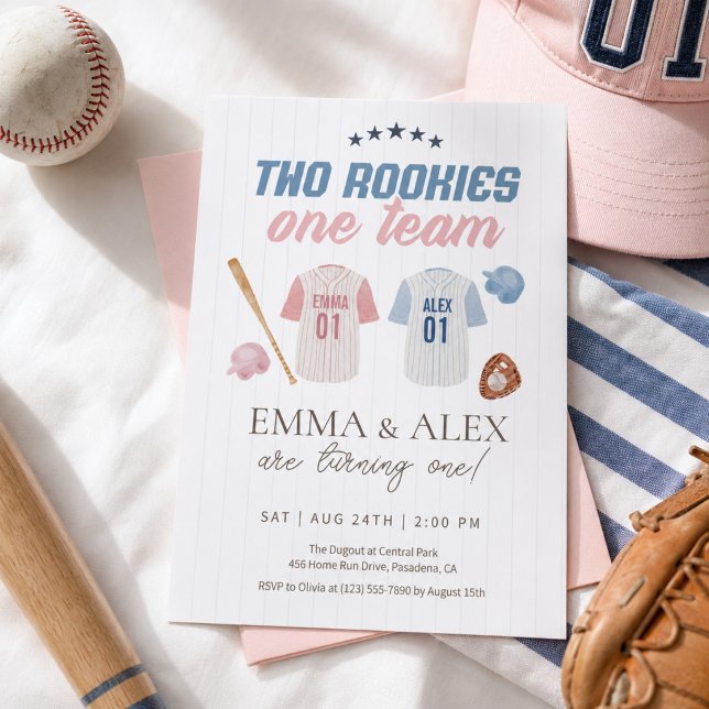 Two Rookies One Team Baseball Sibling Birthday Invitation (Creator Uploaded)