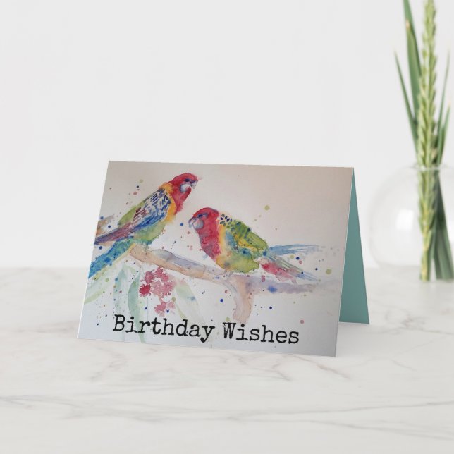 Two Rosella Parrots Watercolour Birthday Card (Front)