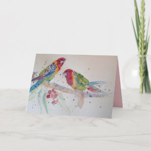 Two Rosella Parrots Watercolour on a Branch Card