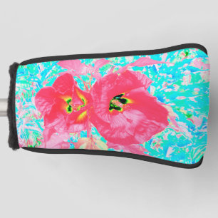 Two Rosy Red Coral Plum Crazy Hibiscus on Aqua Golf Head Cover