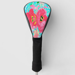Two Rosy Red Coral Plum Crazy Hibiscus on Aqua Golf Head Cover