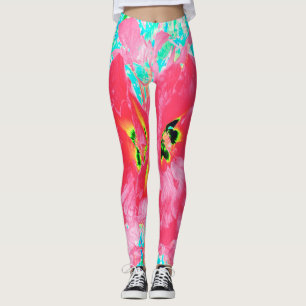 Two Rosy Red Coral Plum Crazy Hibiscus on Aqua Leggings