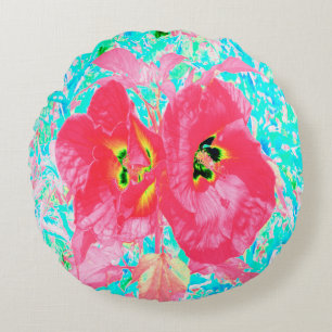 Two Rosy Red Coral Plum Crazy Hibiscus on Aqua Round Cushion