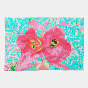 Two Rosy Red Coral Plum Crazy Hibiscus on Aqua Tea Towel
