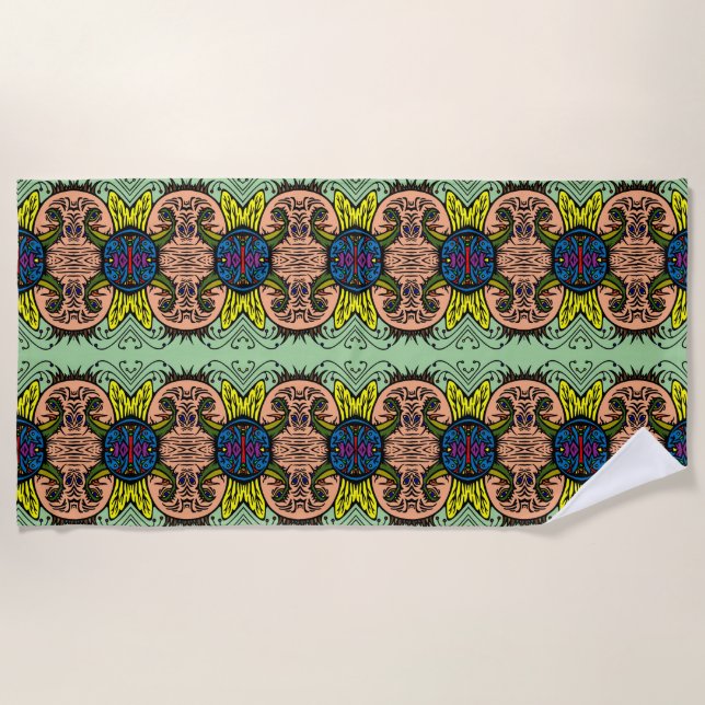 Two rows of identical weird faces beach towel (Front)