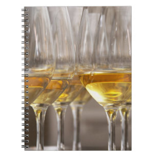 two rows of wine tasting glasses with lucious notebook