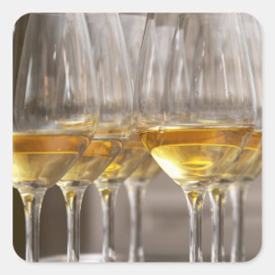two rows of wine tasting glasses with lucious square sticker