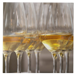 two rows of wine tasting glasses with lucious tile