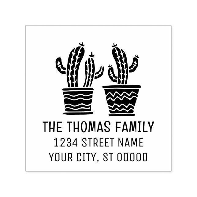 Two Rustic Cactus Plants in Pots Name Address Self-inking Stamp (Design)