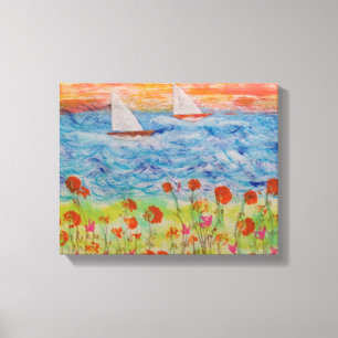 Two Sailboats Big Sun Stretched Canvas Print