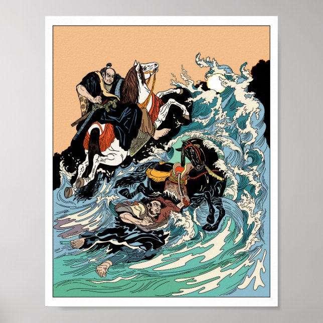 Two samurai horsemen crossing a stormy sea. poster (Front)