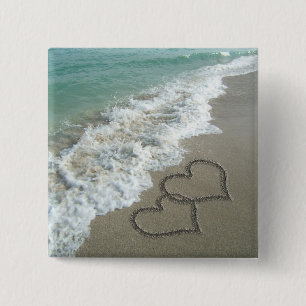 Two Sand Hearts on the Beach, Romantic Ocean 15 Cm Square Badge