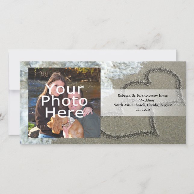 Two Sand Hearts on the Beach, Romantic Ocean Announcement (Front)