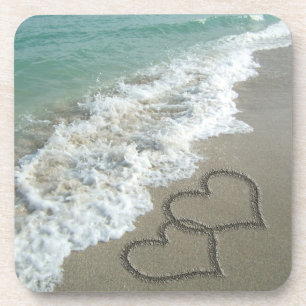Two Sand Hearts on the Beach, Romantic Ocean Coaster