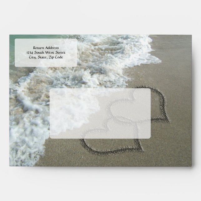 Two Sand Hearts on the Beach, Romantic Ocean Envelopes (Front)