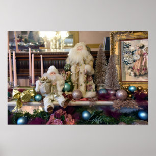 Two Santas On A Victorian Fireplace Mantel Poster