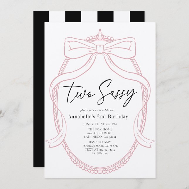 Two Sassy Pink Tiara & Bow Girl 2nd Birthday Invitation (Front/Back)