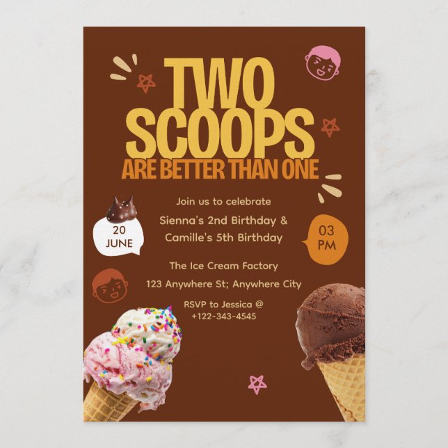 Two Scoops are Better Than One Ice Cream Birthday  Invitation (Front)