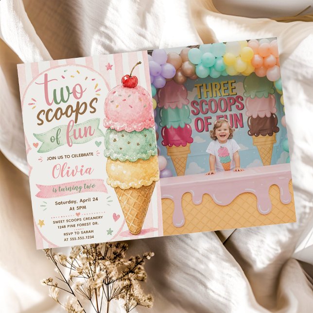 Two Scoops Of Fun 2nd Birthday Party  Invitation (Creator Uploaded)
