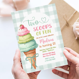 Two Scoops Of Fun Ice Cream Bow 2nd Birthday Invitation