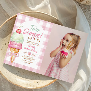 Two Scoops Of Fun Ice Cream Bow 2nd Birthday Photo Invitation