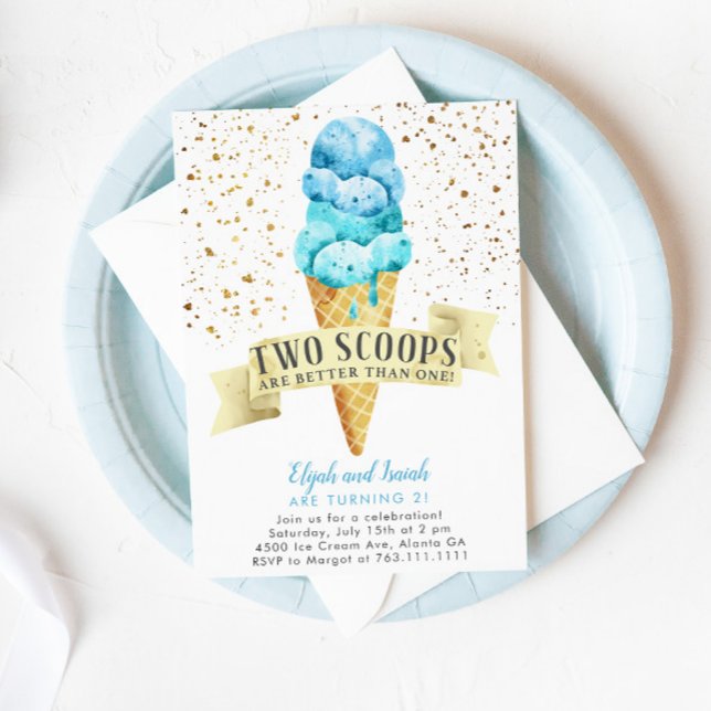 Two Scoops Twin Boys Ice Cream Birthday Party Invitation (Creator Uploaded)
