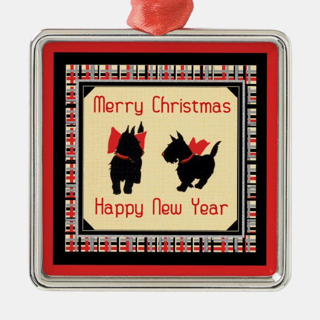 Two Scottie Dog, Scottish Terrier Merry Christmas Metal Tree Decoration (Front)