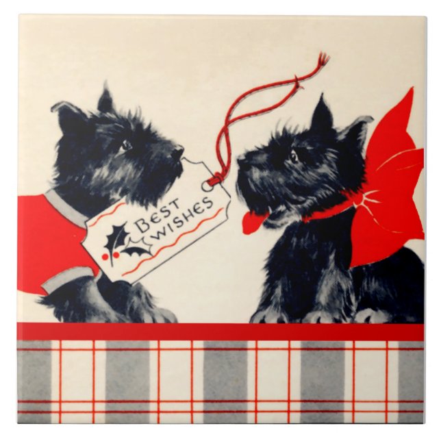 Two Scottie Dogs, Black Scottish Terrier Ornament Tile (Front)