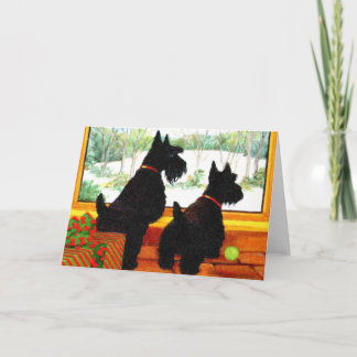 Two Scottie Dogs Waiting for Santa Claus Holiday Card