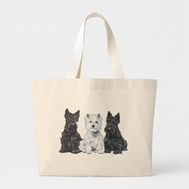 Two Scotties and a Westie Large Tote Bag (Front)