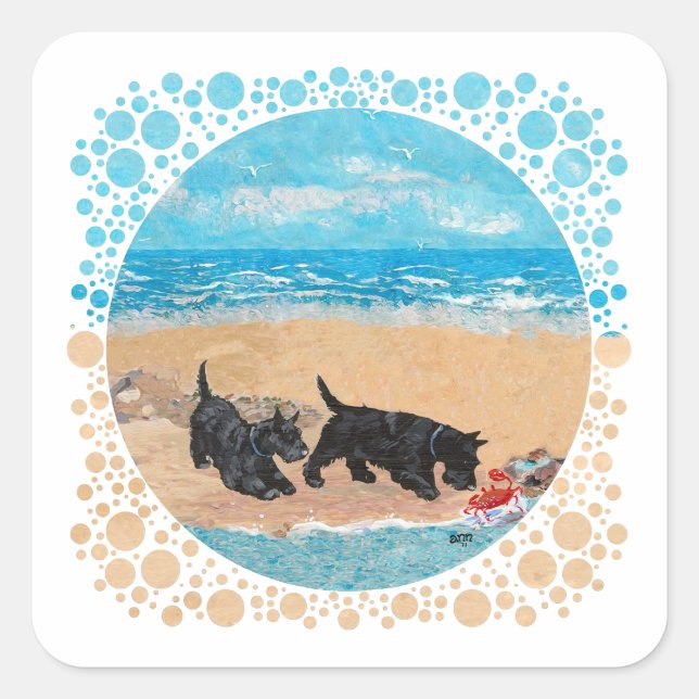 Two Scotties at the Beach Square Sticker (Front)