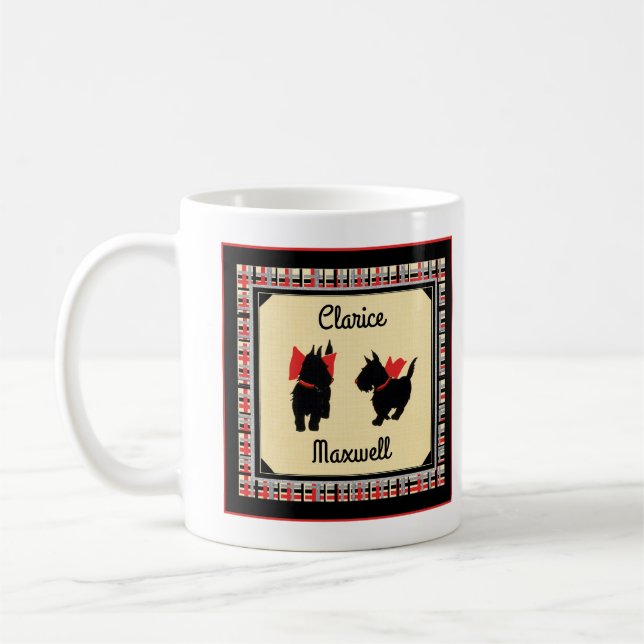 Two Scottish Terriers Personalised red bows mug (Left)