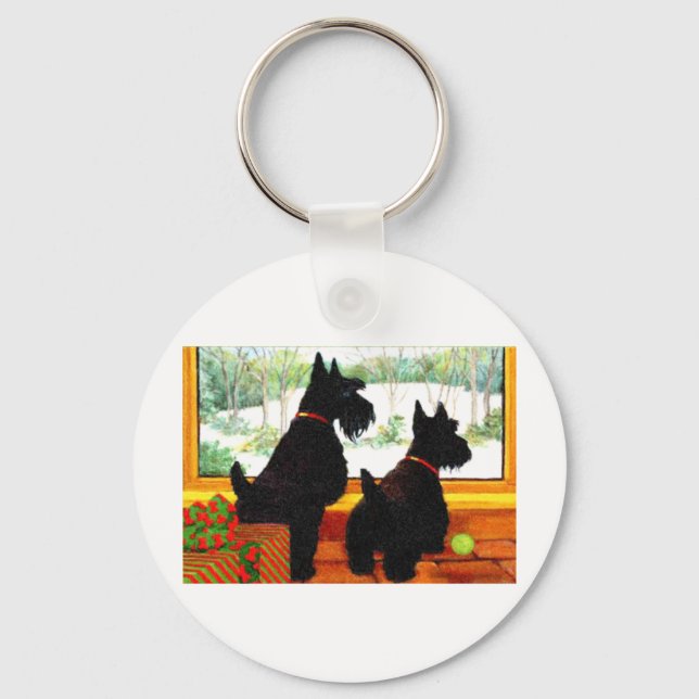 Two Scotty Dogs at Christmas Key Ring (Front)