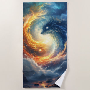 Two sea monsters chase each other, fantasy  beach towel